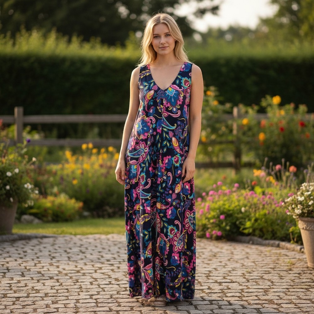 Soft Surroundings Navy Blue Paisley Floral Maxi Dress V-Neck Sleeveless S NWT